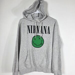 H&M Nirvana Smiley Face Hoodie Grey Pullover Long Sleeve Women‎ XS